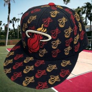 Miami Heat Basketball Hat Logo All Over Print Black Full Fit 7 5/8 Cap NBA UNK